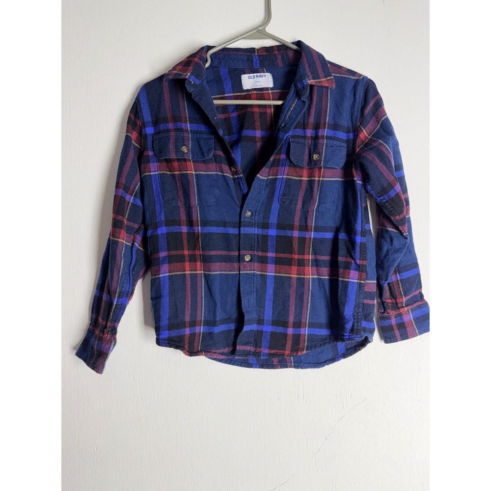 Old Navy Boys Blue Red Plaid Flannel Button Down Shirt Long Sleeve Size L 10-12